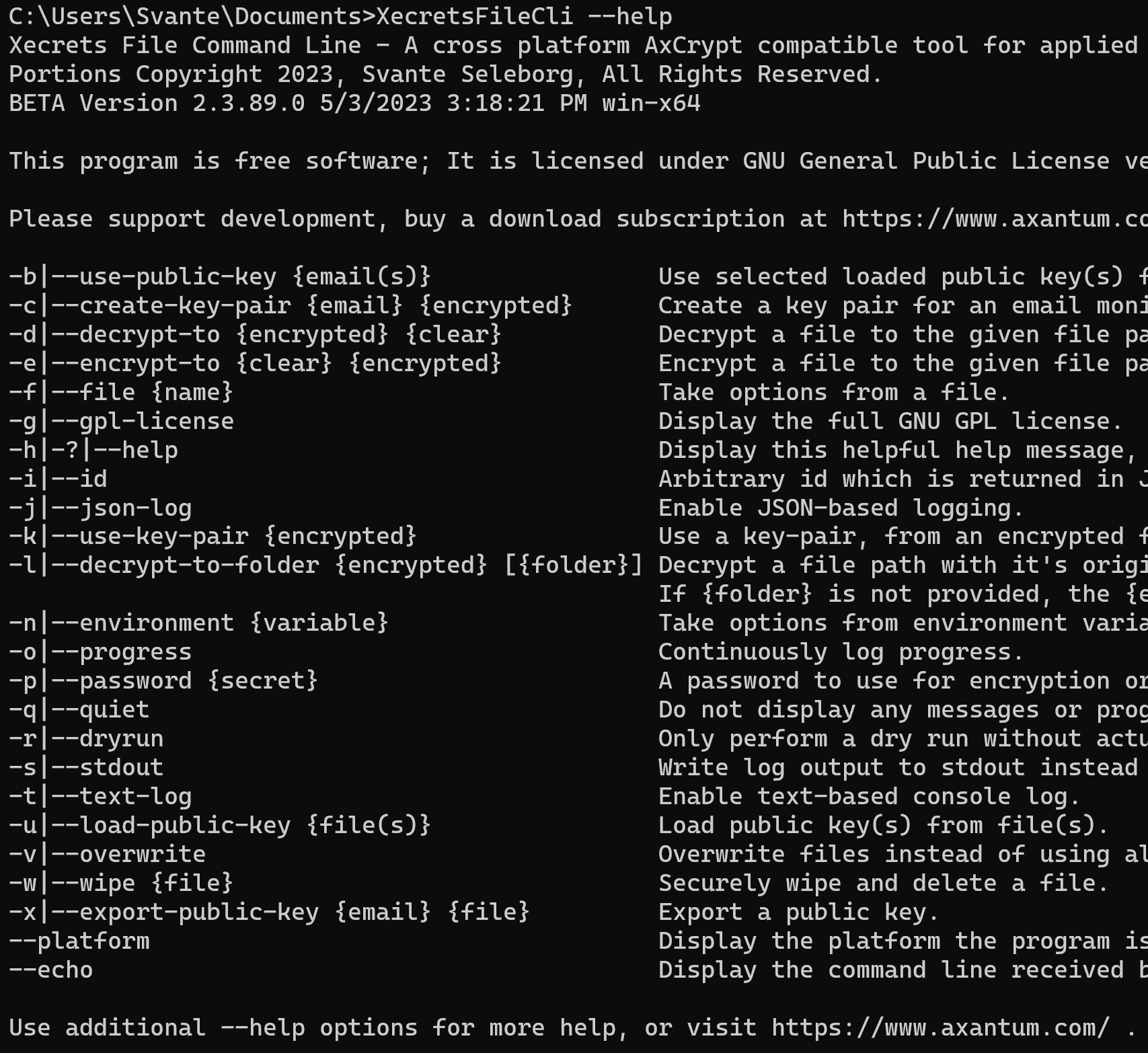 A screenshot of the command line tool help display