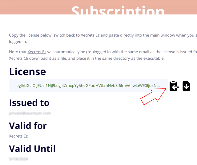 A screen shot of the web page with a fetched license.