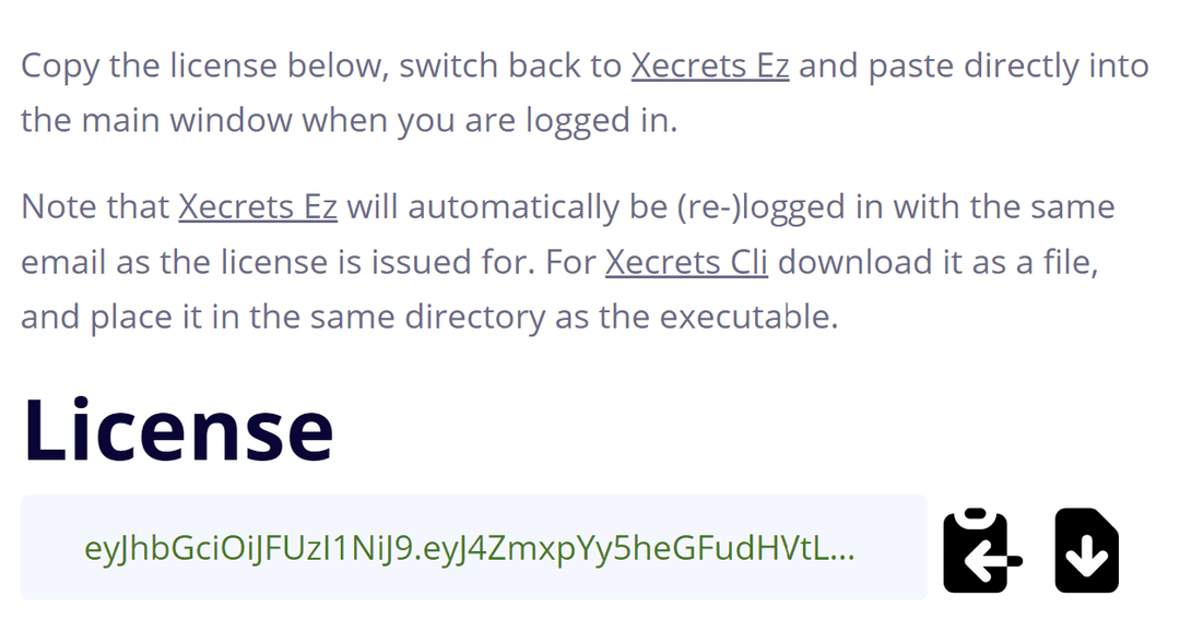 Web page with the license
