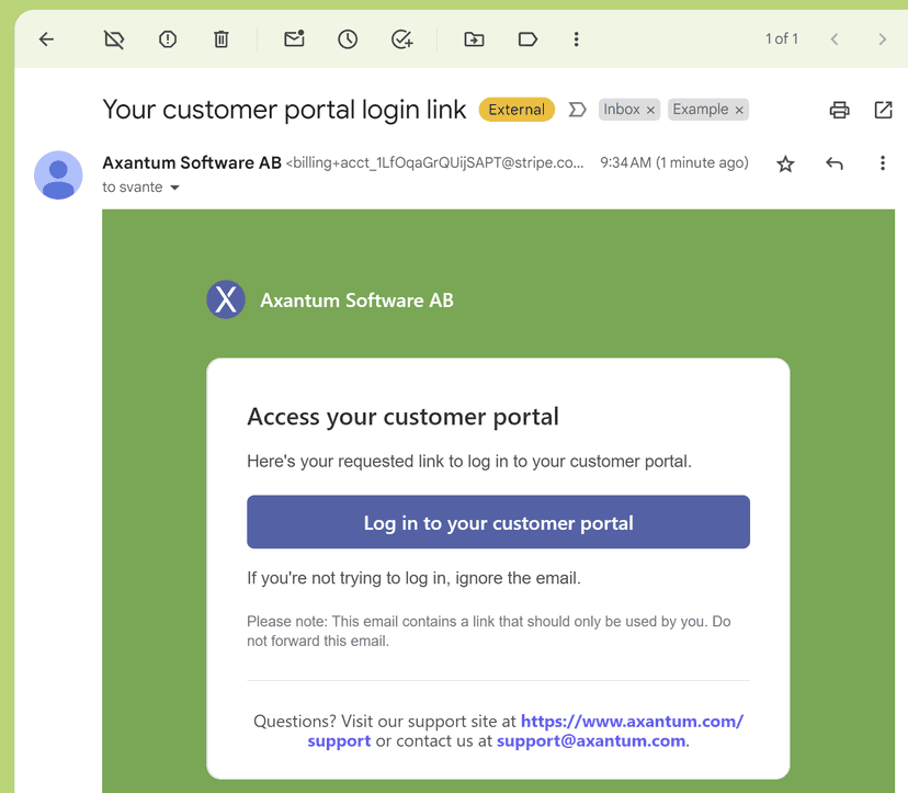 The contents of the Stripe email