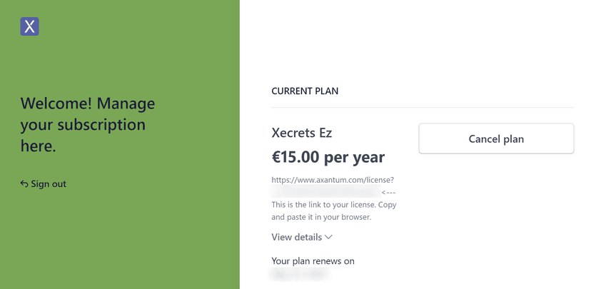 The Stripe manage subscription page
