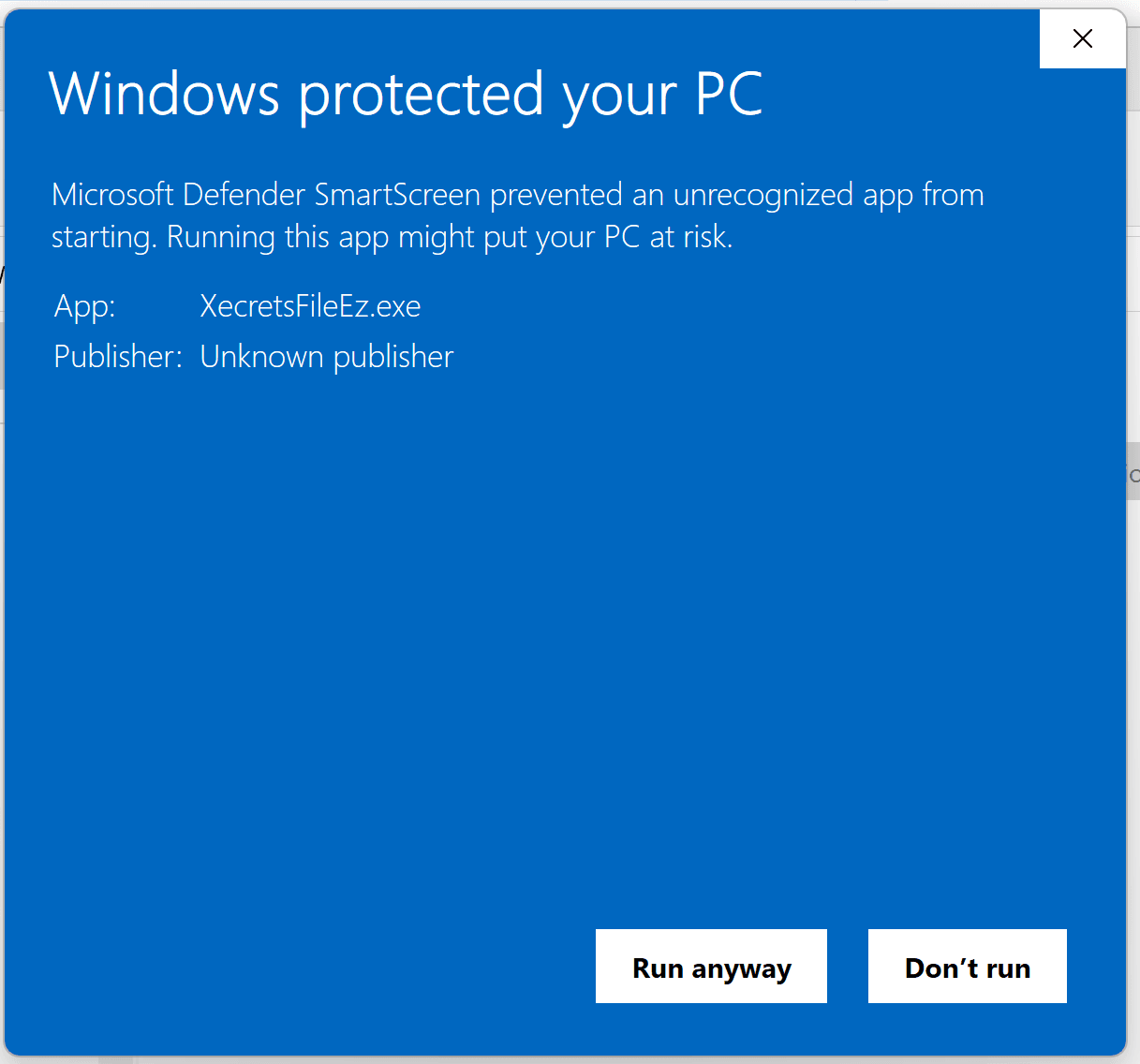 The SmartScreen prompt with the Run anyway option.